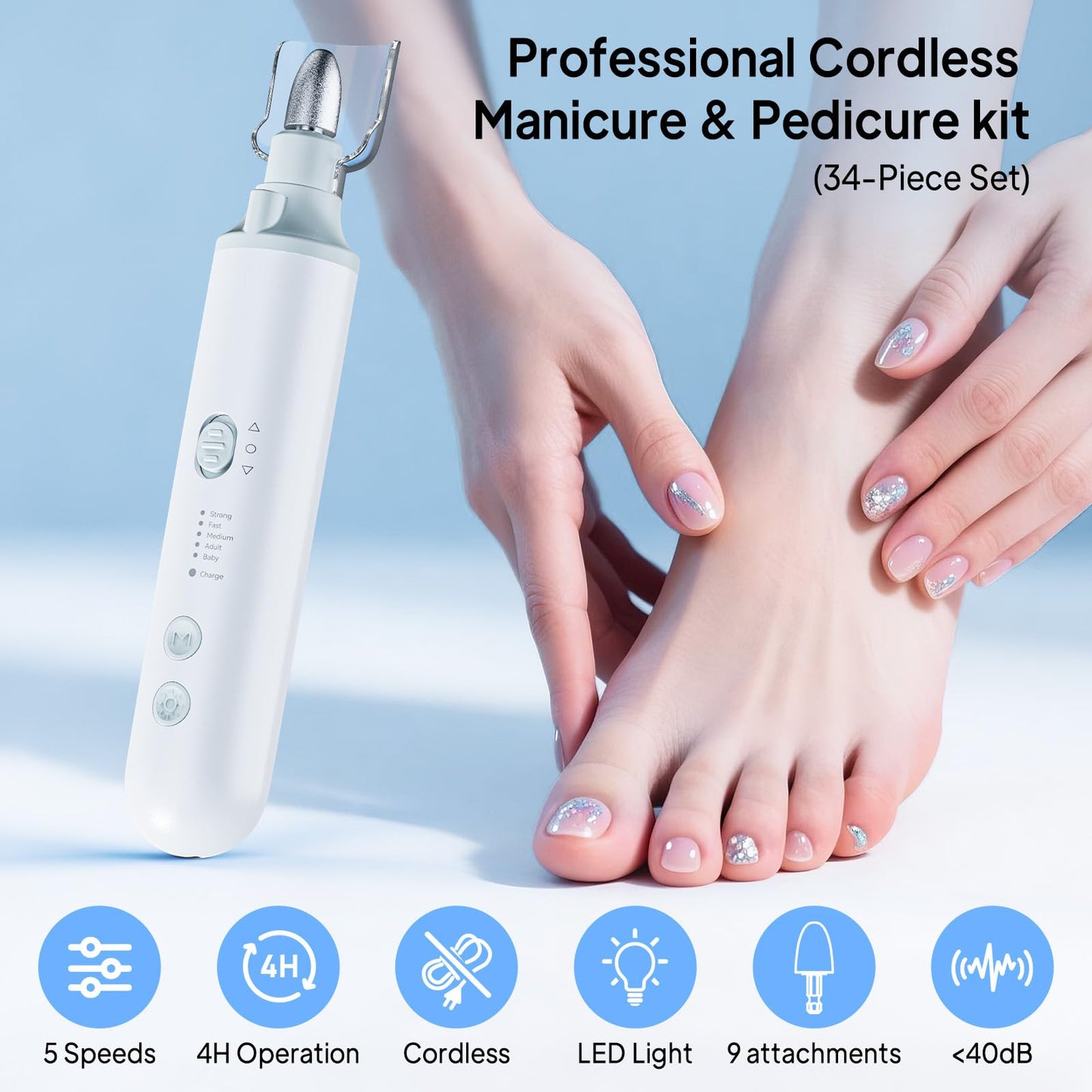 Professional Manicure Pedicure Kit, Electric Nail File Set,5 Speeds Hand Foot Care Tool for Nail Grind Trim Polish, Wider Grinder for Thick Nails, for Men Women Seniors