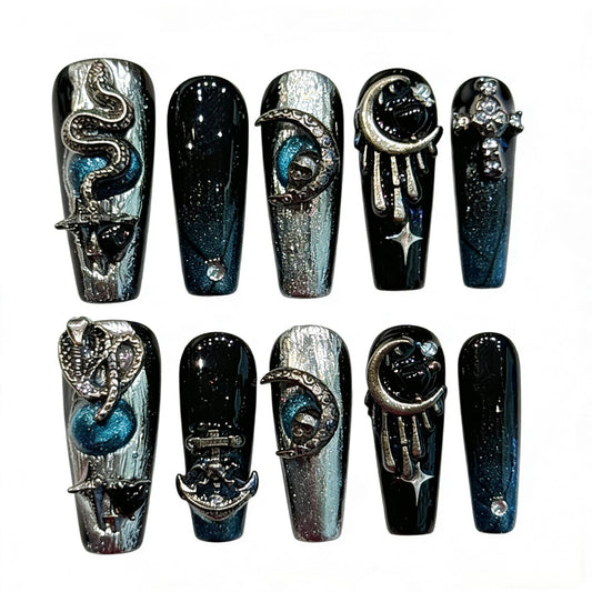 Handmade Press on Nails Square Dark Snake-Shaped Star and Moon 3D Nail Art in Silver-Black, Cool Gothic Style Acrylic Nails Press on Handmade Nails 3D Handmade Press on Nails(S)