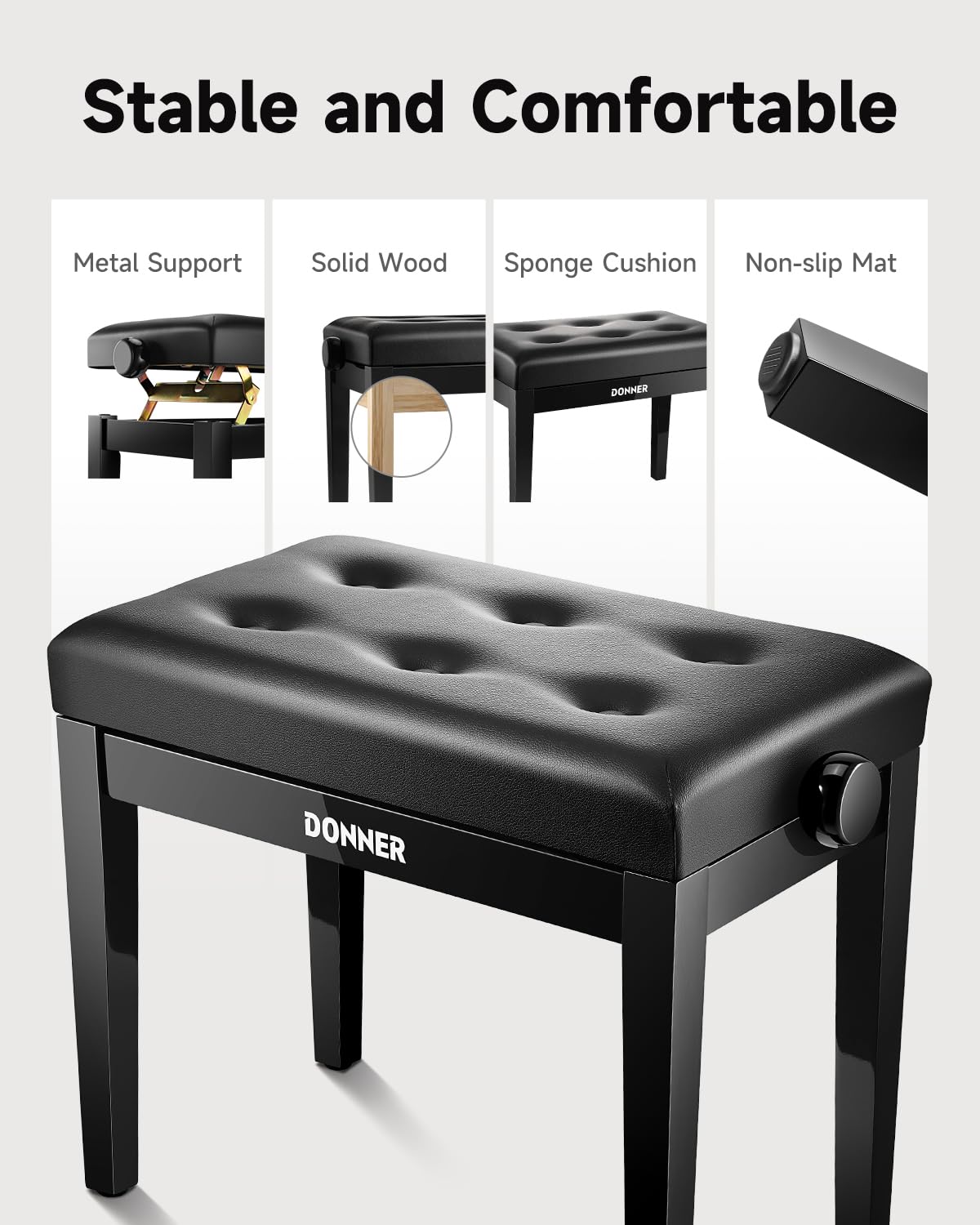 Donner Adjustable Piano Bench, Solid Wood Keyboard Bench Piano Chair Seat with High-Density Sponges Cushion,Wooden Piano Stool with Metal Lifting Devices, Black