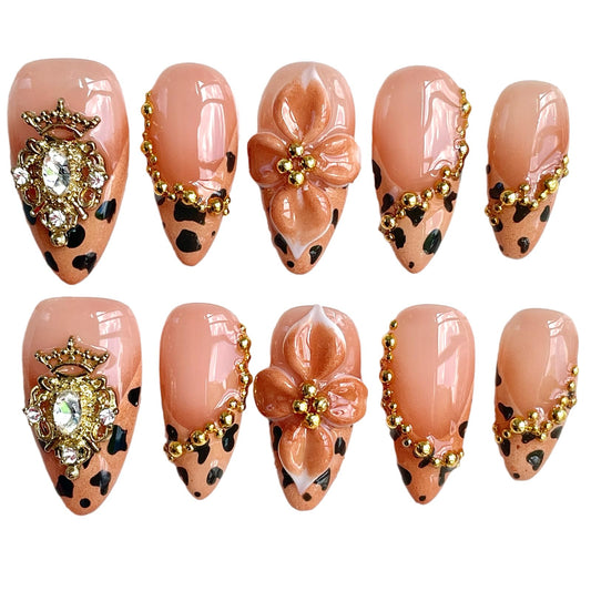 Handmade Press on Nails 3D Flower, Almond Shape, Gold Crown Jewels, Leopard Print Design, Luxury Reusable Acrylic False Nails (Gold Crown, S)