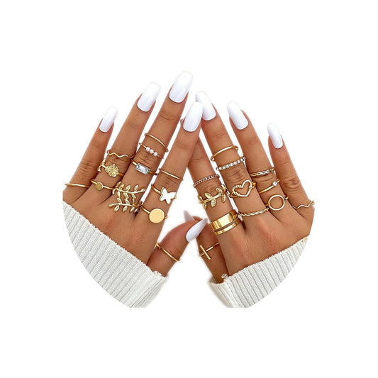 FUTIMELY Boho Retro Stackable Rings Sets for Women Knuckle Joint Finger Knuckle Nail Ring Sets Moon Stars Stack Preppy Statement Rings Cute Trendy Stuff Jewelry (E-24PC-Leaf Rings)