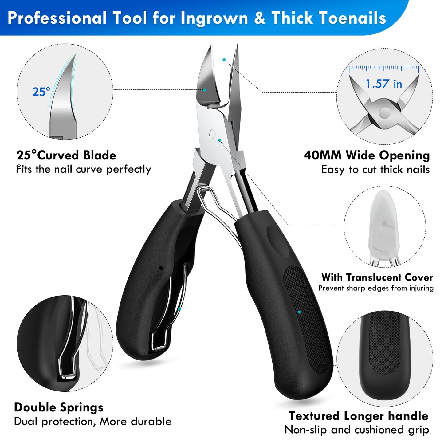 Professional Ingrown Toenail Tools Kit for Seniors,Wide Jaw Straight Nail Clippers,Large Angled Nail Clipper Cutters for Heavy Duty Thick Toe Nails or Fingernail,Manicure Set for Men Women