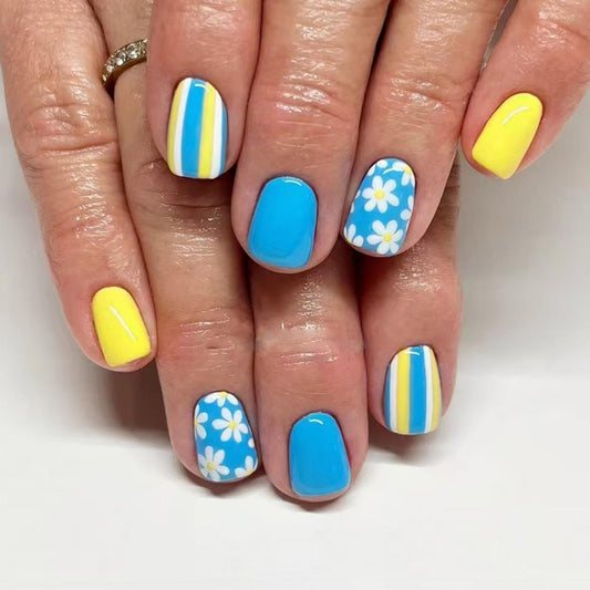 Flower Press on Nails Short Square Fake Nails with White Floral Design Glossy Blue Glue on Nails Yellow Striped Nails Press ons Reusable Full Cover Spring Summer Acrylic Nails for Women Manicure 24Pcs