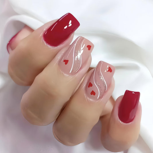 24Pcs Valentine's Press on Nails Short Square Fake Nails Little Love Heart Acrylic Nails White Gold Glitter Line Design Artificial Stick on False Nails Glue on Nails for Women Valentines Nail Gift