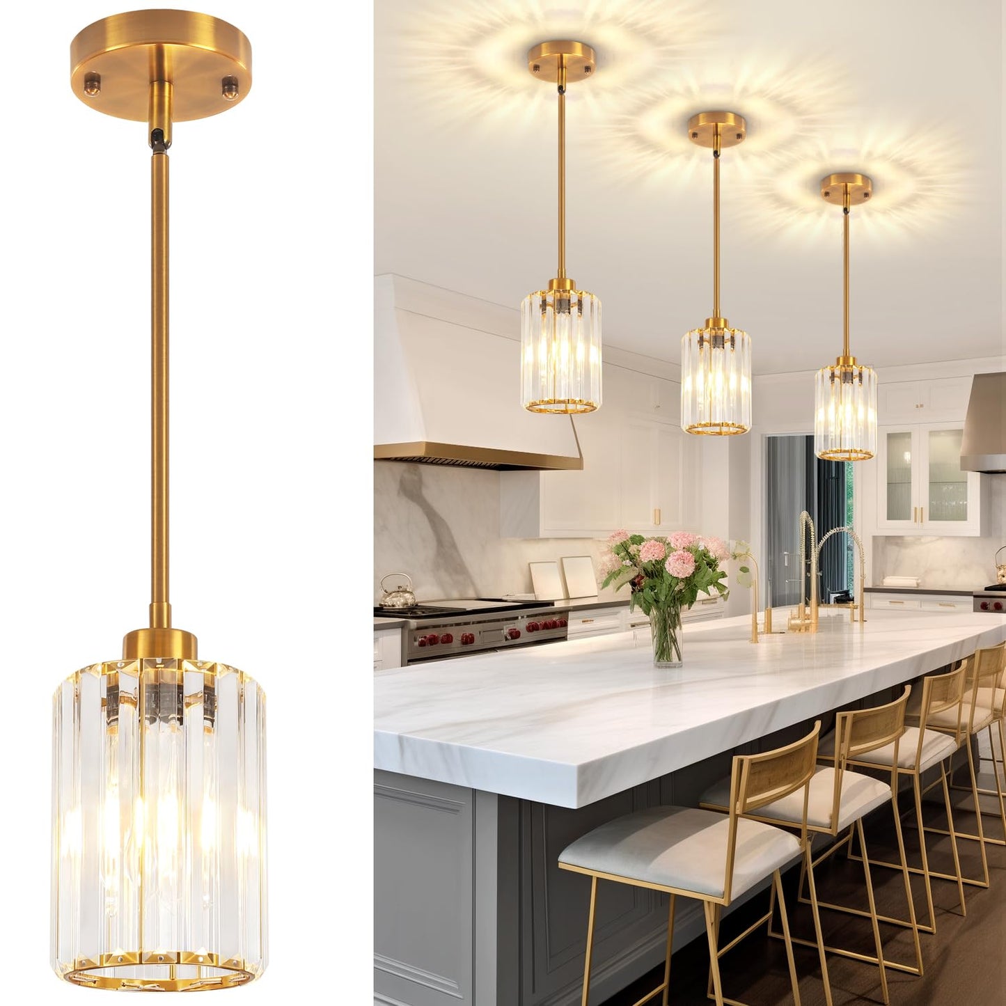 3 Pack Brushed Gold Pendant Lights Kitchen Island, Modern Crystal Kitchen Pendant Lighting Over Island Dining Room Light Fixtures Adjustable Hanging Pendant Light for Bathroom Hallway Foyer Bedroom