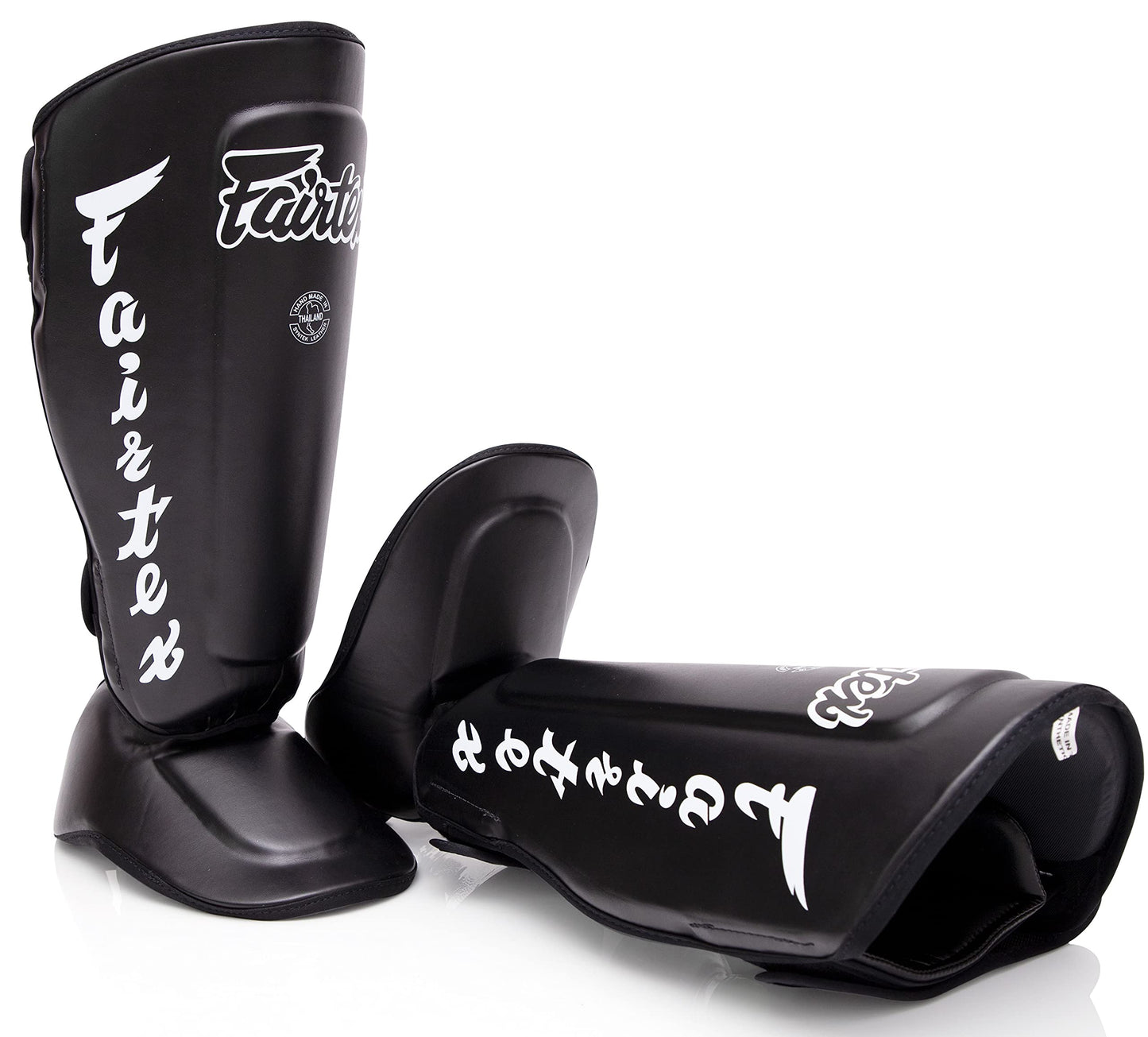 Fairtex SP7 Muay Thai Shin Guards for Men, Women, Kids | Shinguards Made with Syntek Leather & are Premium, Lightweight & Durable | Detachable shin & Foot Protector- Large, Black