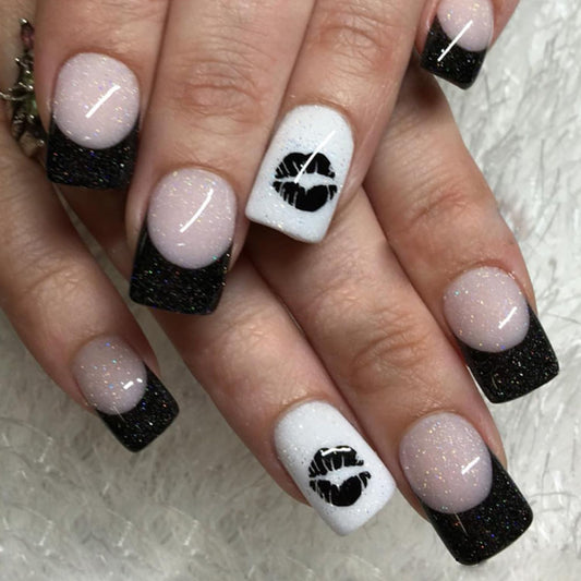 French Tip Press on Nails Short Square - French Black Lip Print Fine Glitter Designs Sparkling Short Fake Nails Acrylic Stick on Nails Artificial False Nails Valentine's Day for Women French Nails