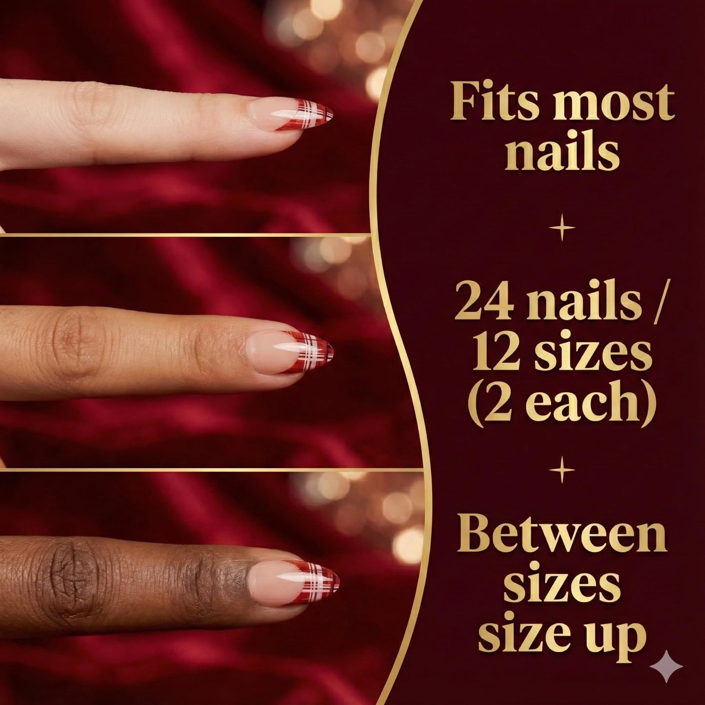 Medium Almond Press on Nails - Red Tartan French Tip, Bling Gems, Nude and Milky White Shades Design - Cute Long Lasting Fake Nails Kit, Old Money Styles For Outgoing, Party, Date Night by Nailinism