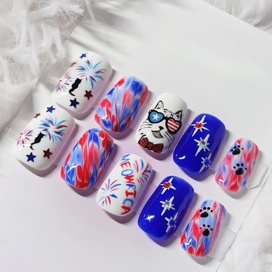 24Pcs 4th of July Press on Nails Short Square Fireworks Fake Nails American Flag with Red White Blue Marble Designs Patriotic Cat Glue on Nails Independence Day False Nails for Women Acrylic Manicure