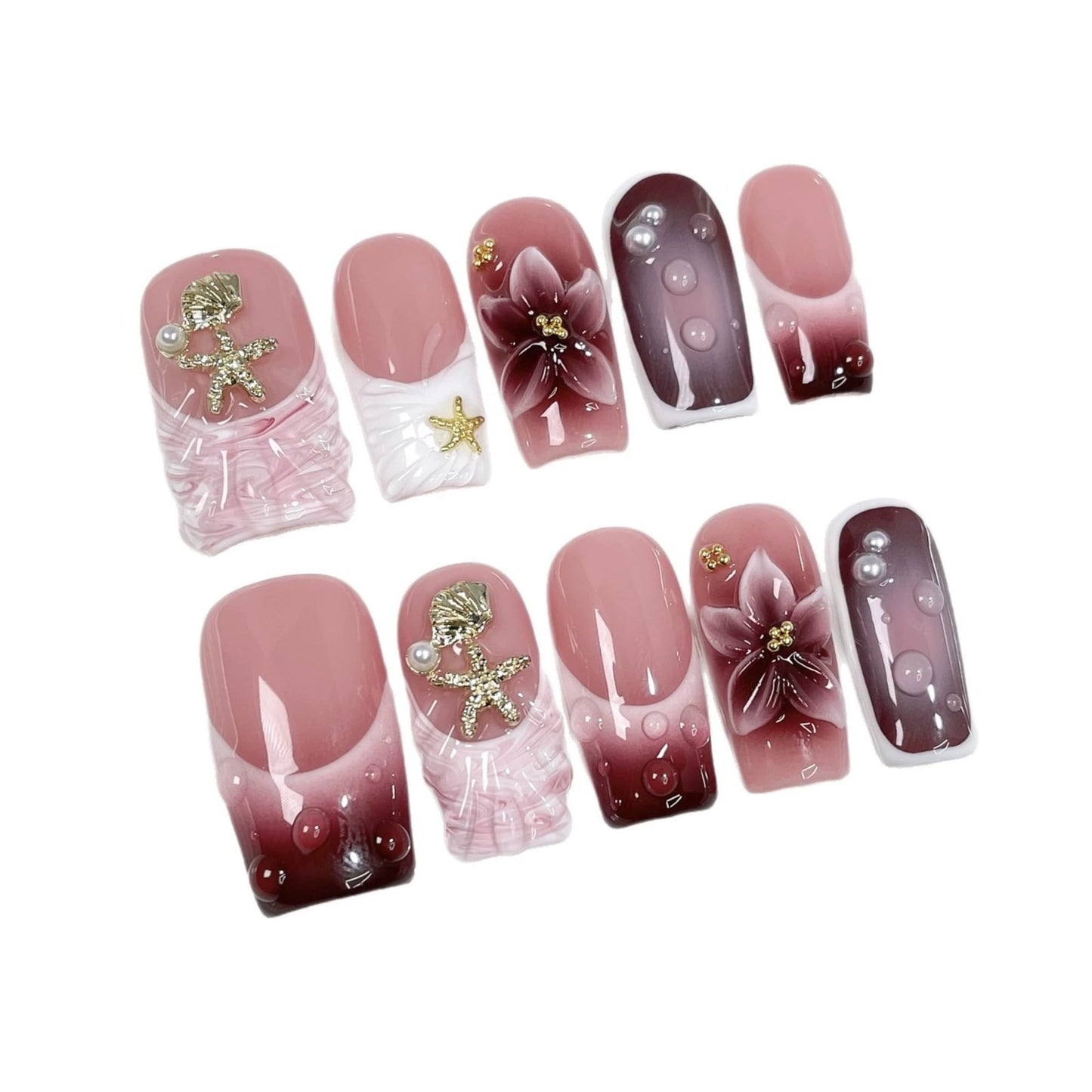 10Pcs Square Press on Nails Medium Handmade Fake Nails with 3D Flower Shell Starfish Design Acrylic Nails Press Ons Full Cover Artificial Gradient French Tip Stick on False Nail for Women (Size M)