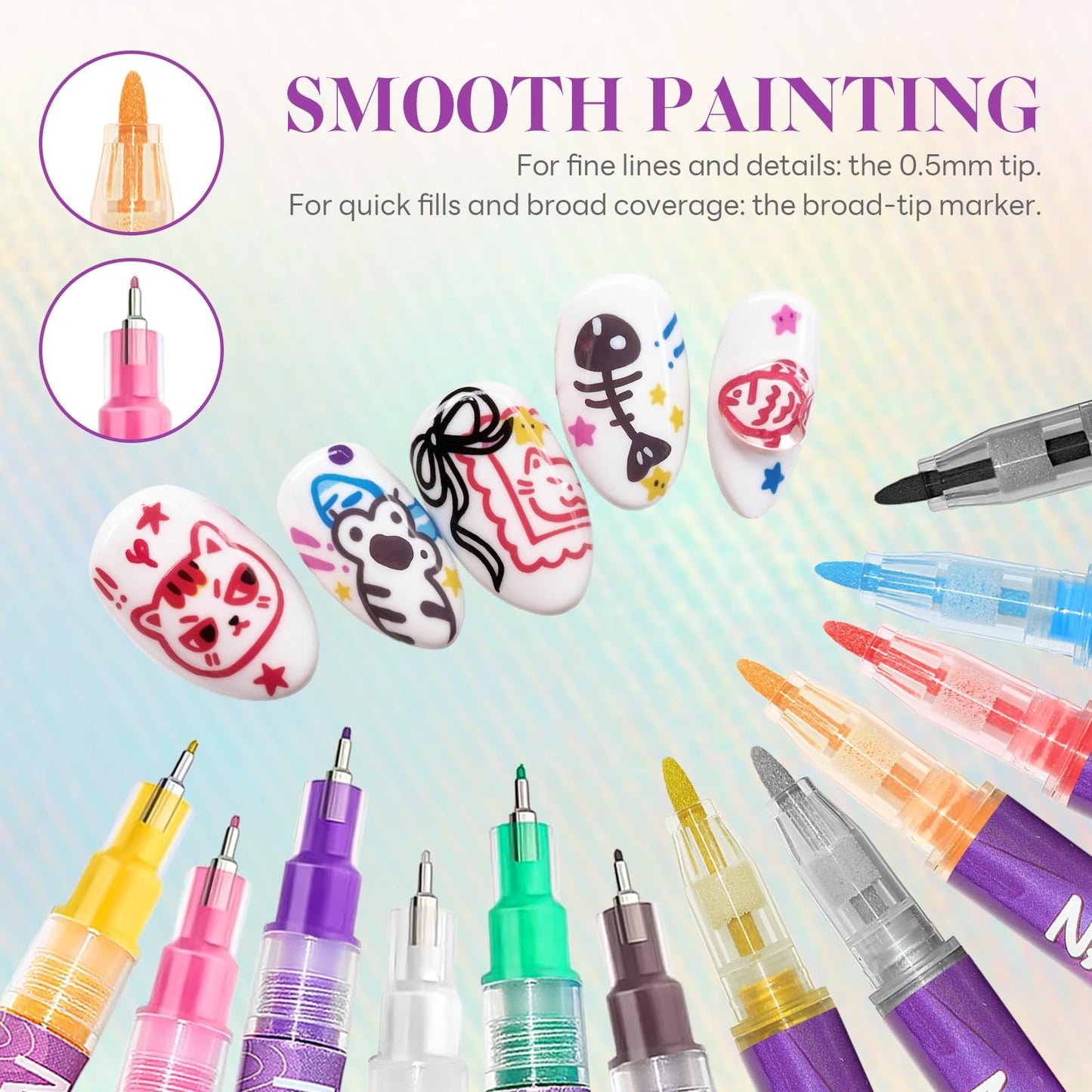 12 Colors Nail Art Pens 0.5mm & 0.7mm Nail Polish Pen Nail 2 Boxes Markers Doodle Pen Quick Dry Waterproof Nails Art Tools for Painting Point Liner DIY Manicure（Attachment 24 Pcs Template Stickers）