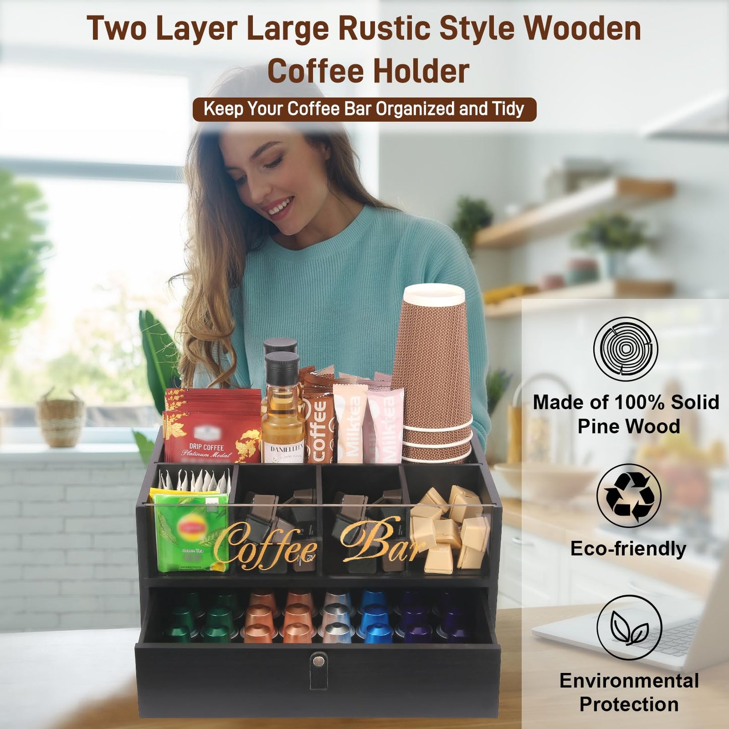 Intarsio 2-Tier Coffee Bar Organizer with Clear Acrylic Top, Built-in Drawer and Leather Handle Pull for Countertop, Stylish Coffee Station Storage Box for Accessories, Pods, Great Gifts for Home
