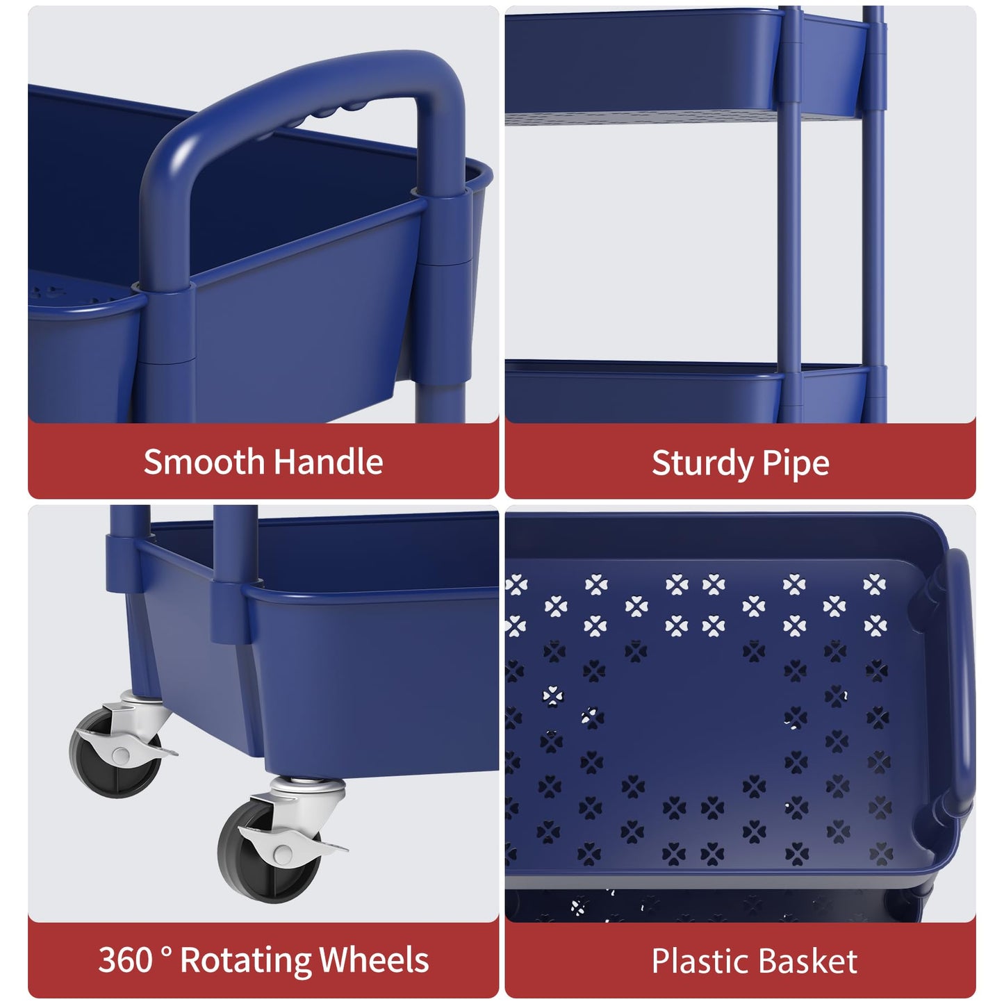 Sywhitta 3-Tier Plastic Rolling Utility Cart with Handle, Multi-Functional Storage Trolley for Office, Living Room, Kitchen, Movable Storage Organizer with Wheels, Blue
