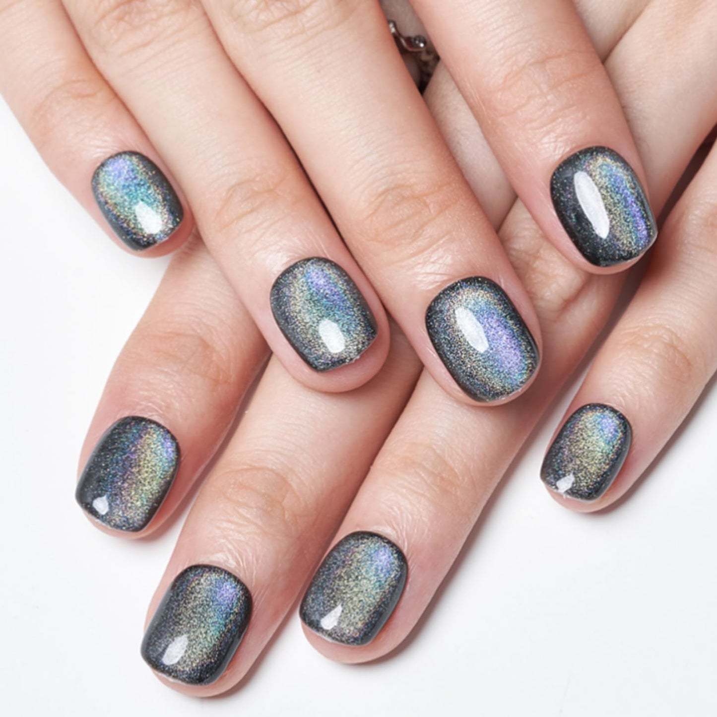 GLAMERMAID Laser Black Short Press on Nails, Aurora Cat Eyes Handmade Extra Short Squoval Glue on Nails for Women, Square Soft Gel Fake Nails, Round Reusable Acrylic False Nails Manicure Kit for Women