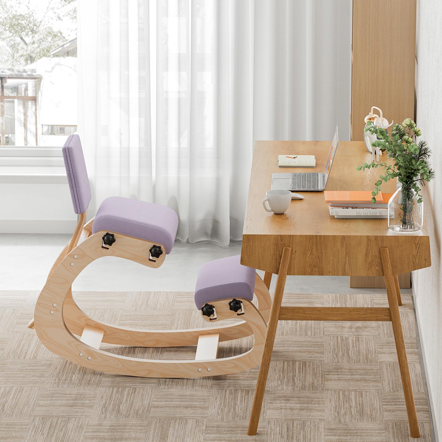 VDNEND Ergonomic Kneeling Chair with Back Support,Wooden Kneeling Chair Desk for Work, Rocking Office Kneel Chairs for Relieve Back Pain, Kneeling Posture Chairs for Gaming,Home (Light Purple)