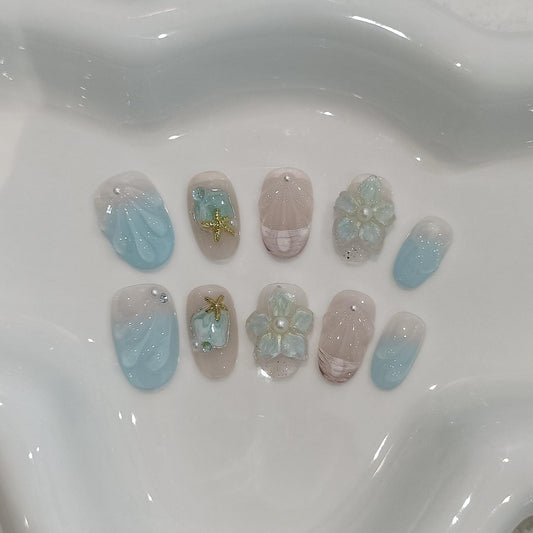 TENPAL Blue French Tips Press on Nails Short Oval,Isle Blue Gradient & Hand-Sculpted Conch Relief False Nails,Ocean Whisper Fake Nails Kit,Glossy Cute Artisan Coastal Zen Nail Art with Tools 10pcs(L)