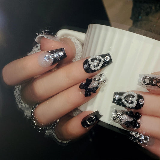 IMSOHOT Black Press on Nails Medium Coffin Fake Nails French Glossy Full Cover Y2K Bow & Rhinestone Designs Handmade Artificial Stick on Ballerina Nails for Women Girls 24Pcs
