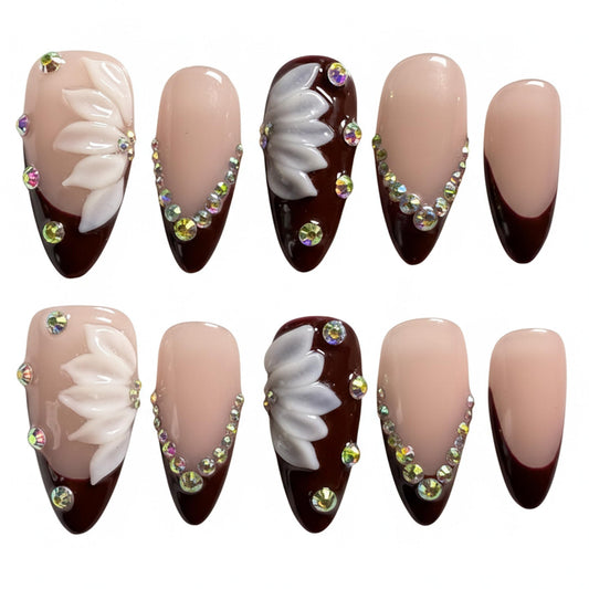 Handmade Press On Nails Almond Medium Elegant Cherry Red French With Rhinestone Detail Handmade Nails 3d Dloral Reusable Wedding Prom And Festival Acrylic Press On Nails (Short)