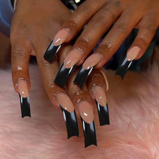IMSOHOT Curved Press on Nails Extra Long Fake Nails Black French Tips False Nails Full Cover Glossy Stick on Nails for Women 20Pcs