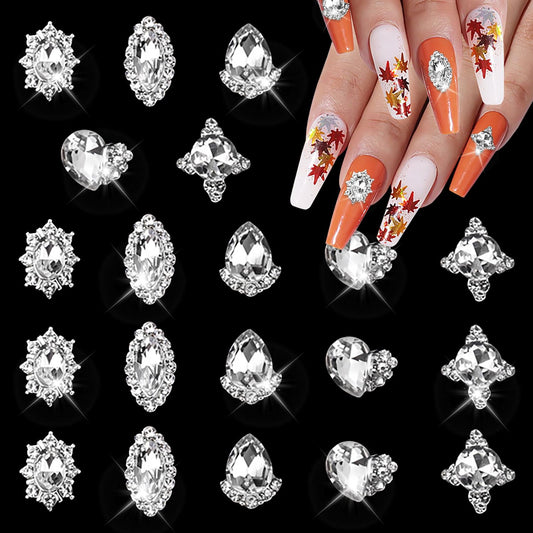 SILPECWEE 20pcs 3d Nail Rhinestone Gems Silver Nail Charms Clear Crystal for Nails Diamond Flat-back Alloy Nail Art Charms Nail Studs Nail Jewels Decoration for DIY Salon Manicure Accessories