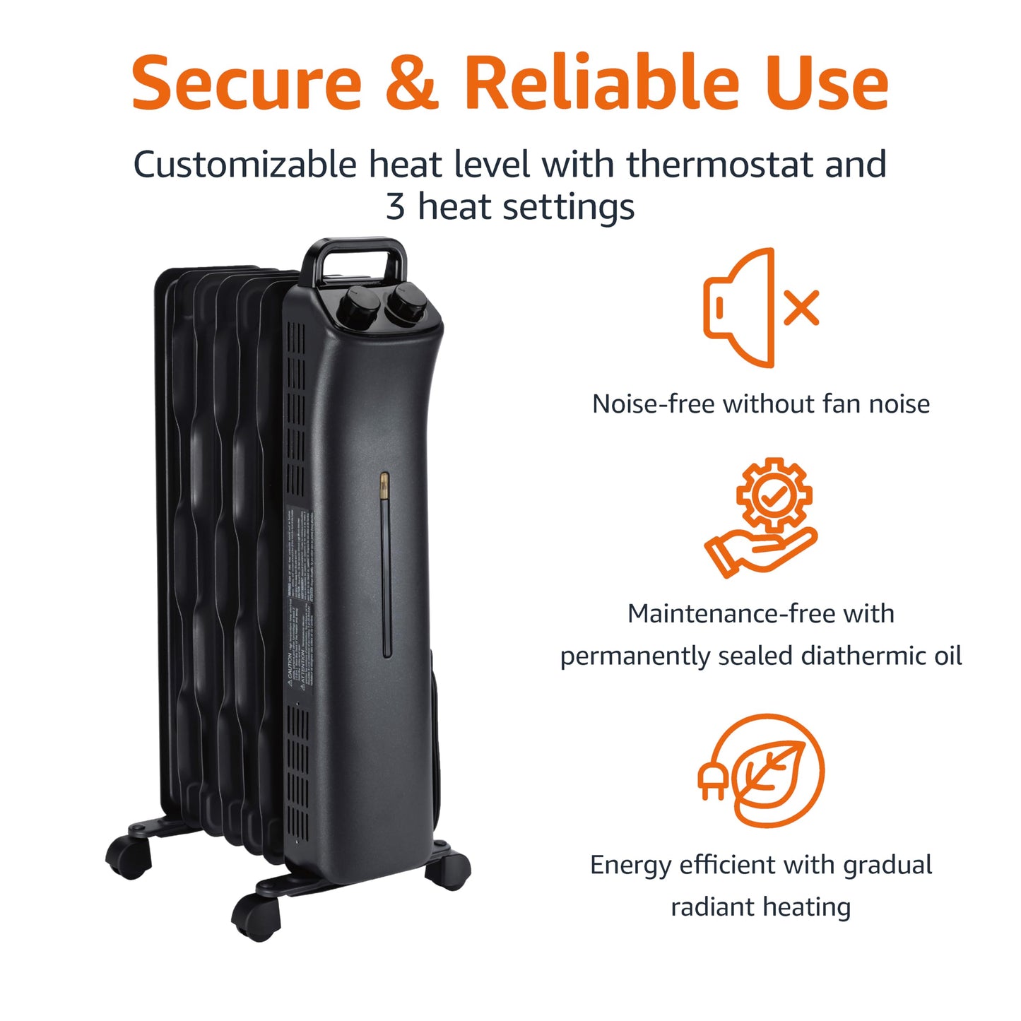 Amazon Basics Portable Oil Space Heater with 7 Oil-Filled Fins, 3 Heat Settings, Adjustable Thermostat, Tip-Over and Overheat Protection, ETL Safety Certificate, 1500W, Black