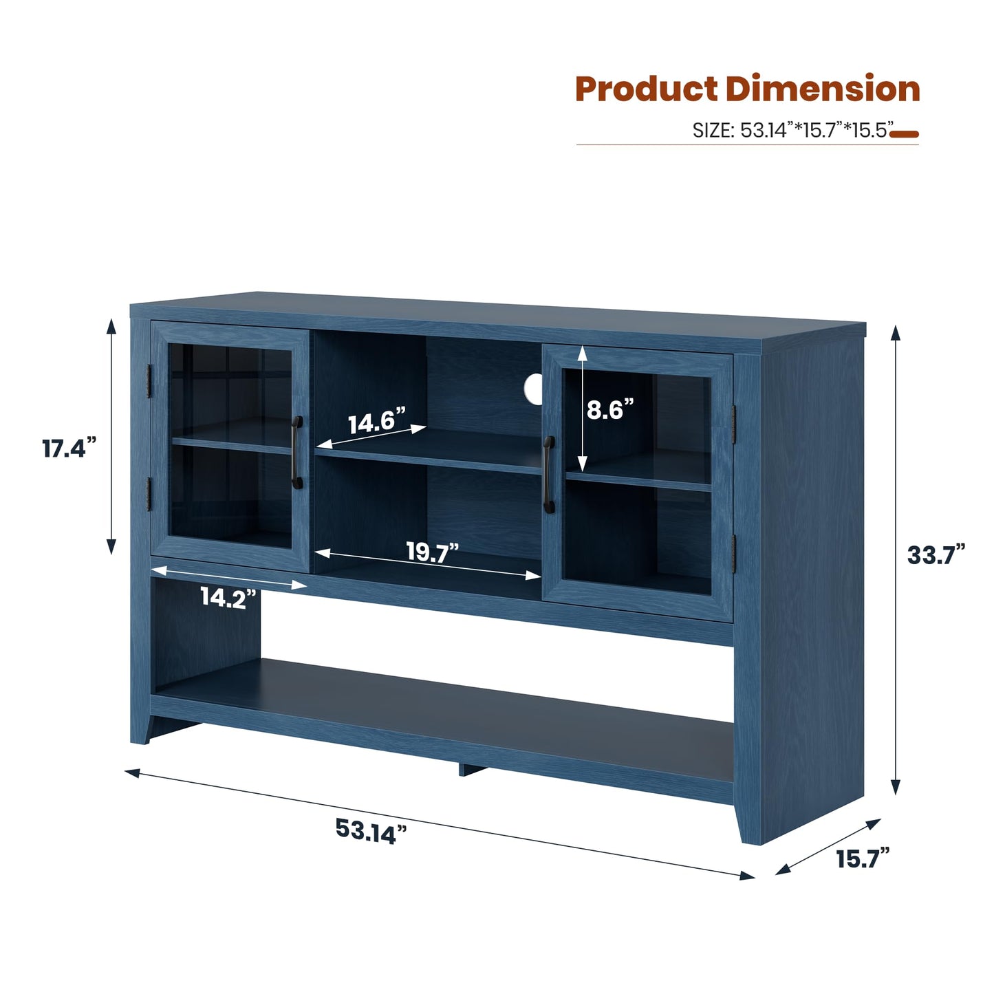 Garvee 53" Kitchen Buffet Sideboard Cabinet - Coffee Bar Table with 2 Glass Doors and 3 Shelves, Modern Storage Cabinet for Living Room, Entryway, Dining Room, Blue