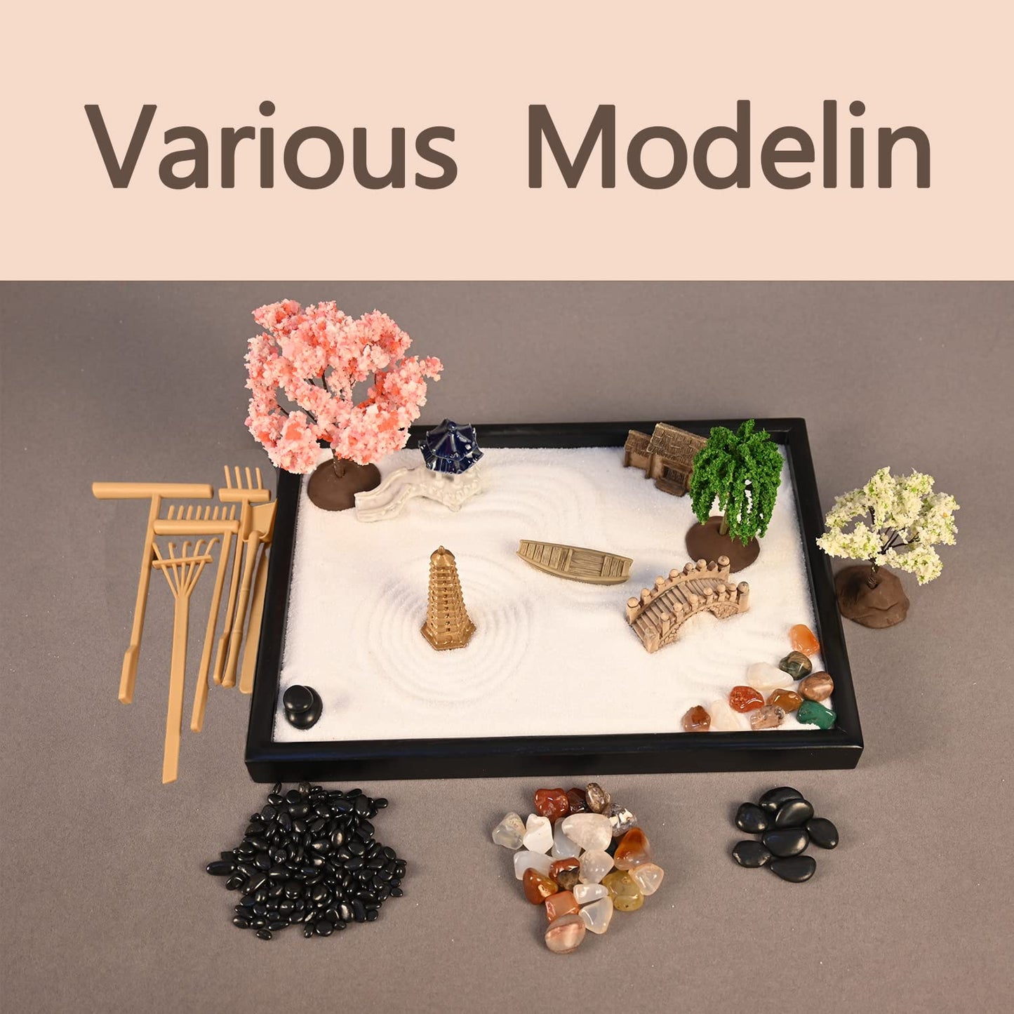 Yoquare Mini Zen Garden, White Sand, 10" x 7" Rectangular Plastic Tray with Meditation Accessories