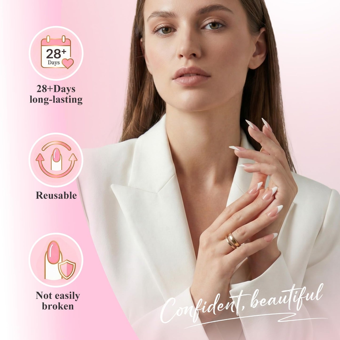 Bioday French Tip Press on Nails Medium Almond, Soft Gel Glossy Fake Nails Press on with Glue, 30Pcs Reusable Stick on Nails in 15 Sizes, Salon Quality False Nails for Women Spring Vacation DIY Gift