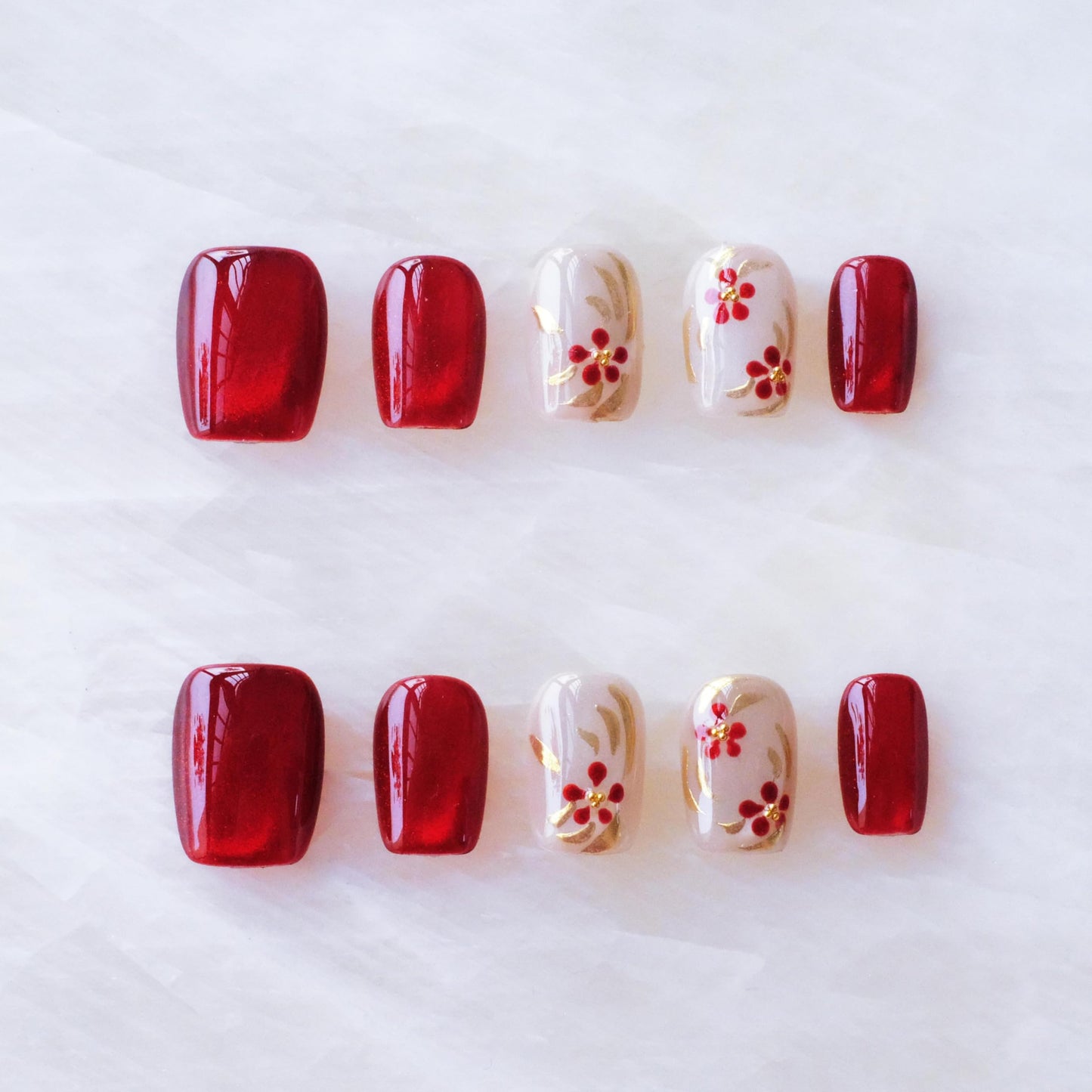 GLORS Press on Nails, Red Plum Embroidery Cat Eye False Nails with Gold Floral Design, Short Square Shape, 10 Pieces (Small, SS)