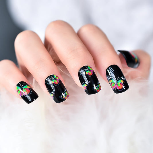 Colorful Butterfly Pattern Press on Nails - iBeautying Black Medium Square Fake Nails Full Cover Stick on Nails with Designs Acrylic Nails for Women DIY Manicure Decorations
