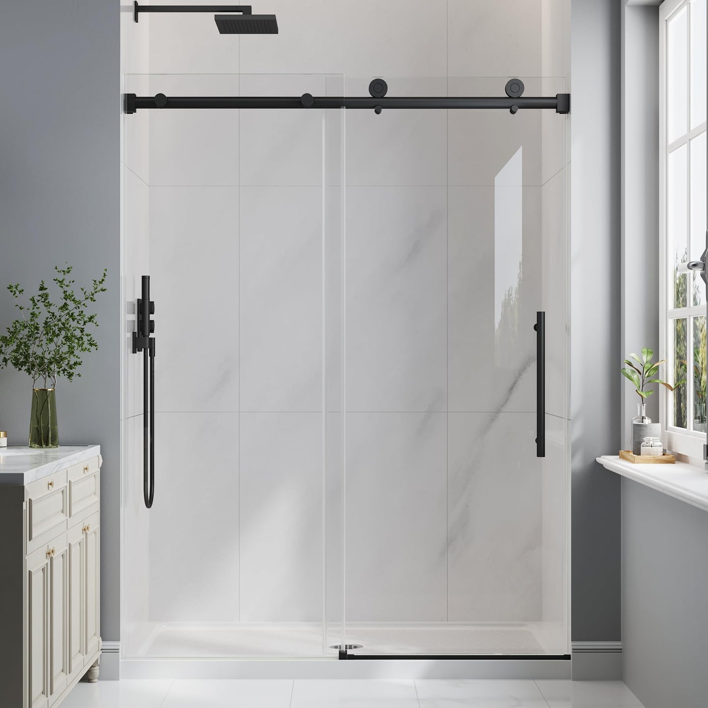 EASYWORC Frameless Glass Shower Door, 61-66" W x 76" H Sliding Frameless Shower Door, 1/4''(6mm) SGCC Tempered Glass, Explosion-Proof Film Nano Coating, Stainless Steel Hardware, Matte Black