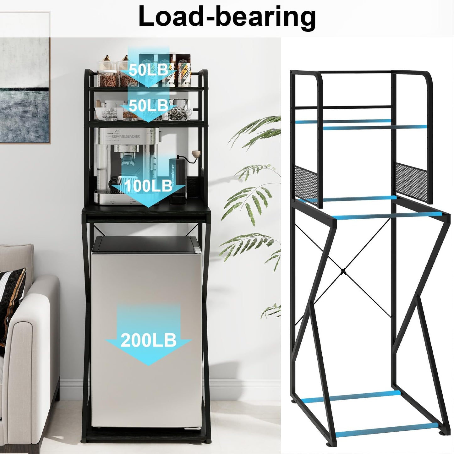 PUNCIA 4-Tier Mini Fridge Stand with Power Outlet & Storage, Coffee Bar Organizer, Refrigerator Cabinet & Microwave Shelf, Bakers Rack for Kitchen, Office, Dorm, Pantry, Apartment (Black)
