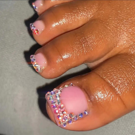 French Press on Toenails Short Square Fake Toe Nails Rhinestone False Toenails Glossy Full Cover Acrylic Glue on Toenails Nude Toe Nails Bling Stick on Toenails for Women 24 Pcs