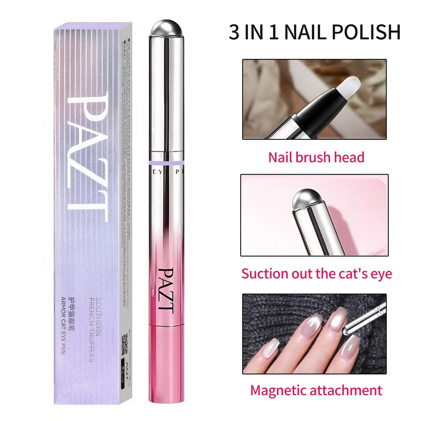 CHANLETREE 3 in 1 Multi-Use Cat Eye Nail Polish Pen with Built-in Cat Eye Magnet, LED UV Pen Light + Mini Sponge + Cleansing Pads, DIY at home Manicure Tool (White)
