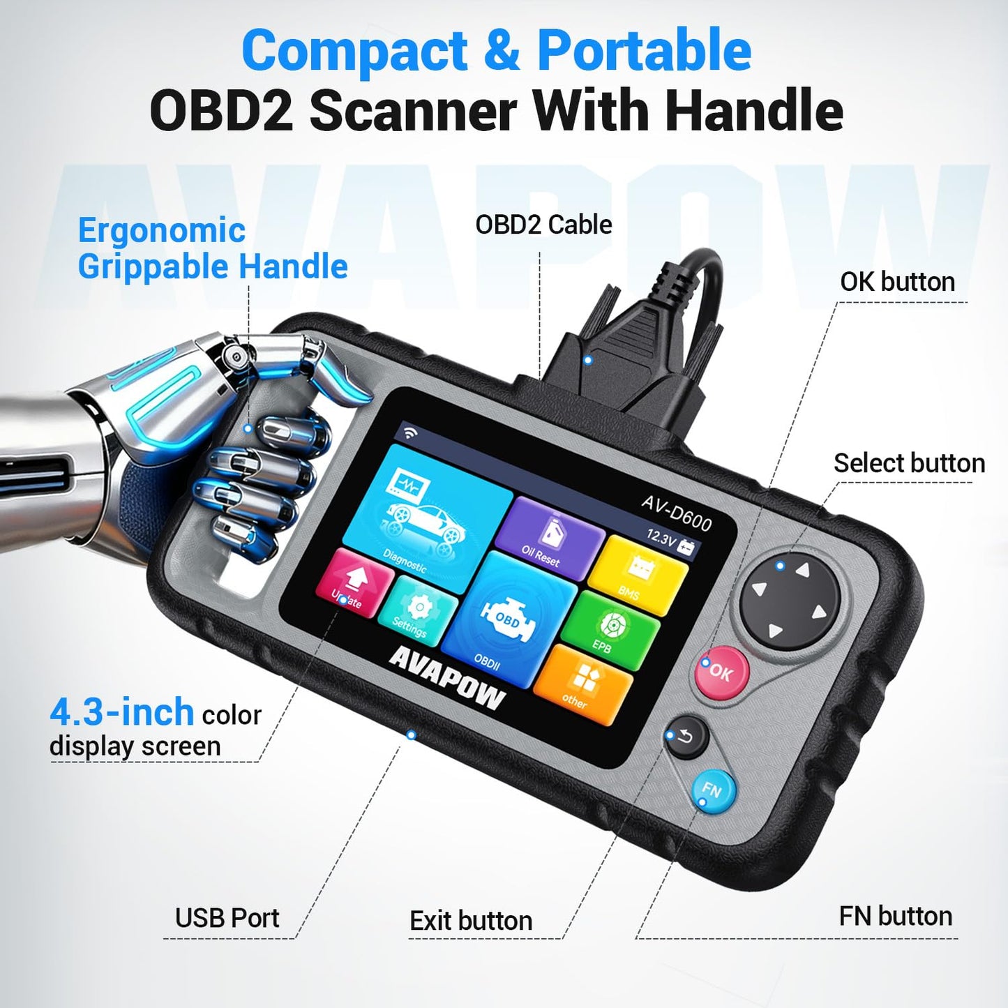 AVAPOW AV-D600 4 Systems OBD2 Scanner Engine/Transmission/SRS/ABS Diagnostic Tool, Oil Reset/EPB Reset/Battery Match, Car Code Reader with Auto VIN, WiFi Lifetime Update, Compatible with 7000+ Cars