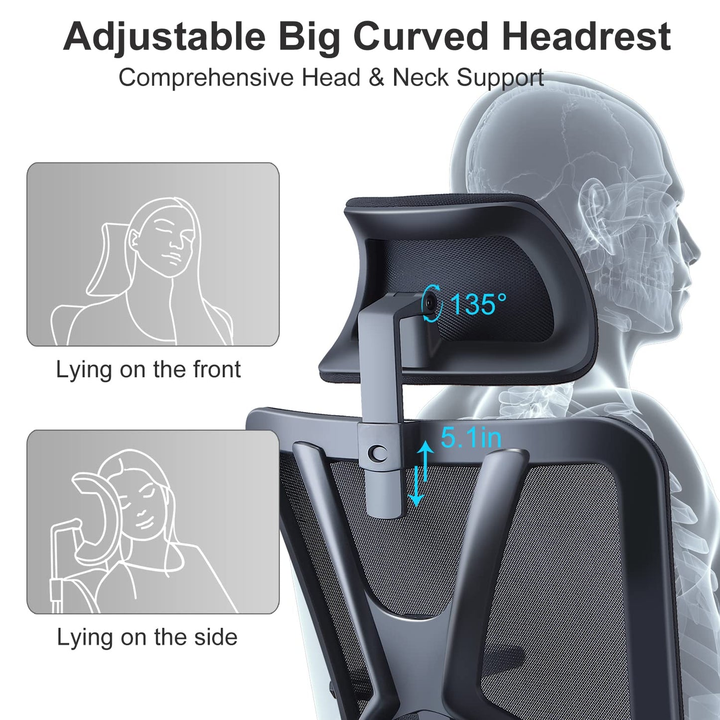 Ticova Ergonomic Office Chair - High Back Desk Chair with Adjustable Lumbar Support, Headrest & 3D Armrest - 130°Rocking Mesh Computer Chair