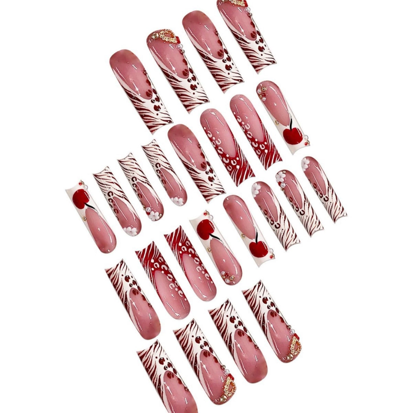 Long Square Press on Nails Fake Nails Artificial Nail Stick on Nail for Women, Red Cherry Design on Nude Pink with Pearl and Gold Accents