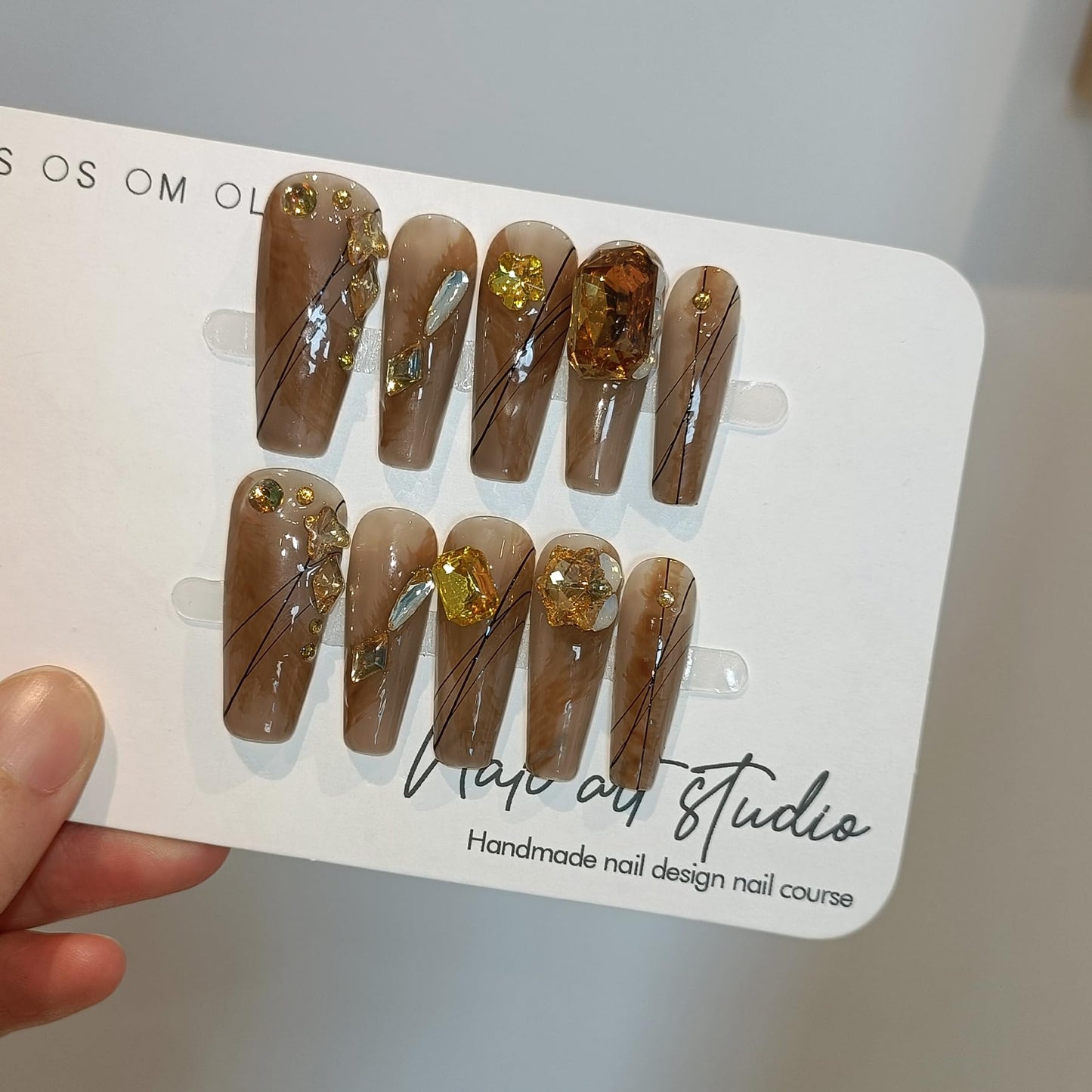 TENPAL 10PCS Long Coffin Press on Nails with Tools Kit - Autumn Woodland Hand-Painted Design Fake Nails | Rustic Brown Gold Leaf & Crystal Glue on Nails | Long Fall Nails for Sweater Weather(XS)