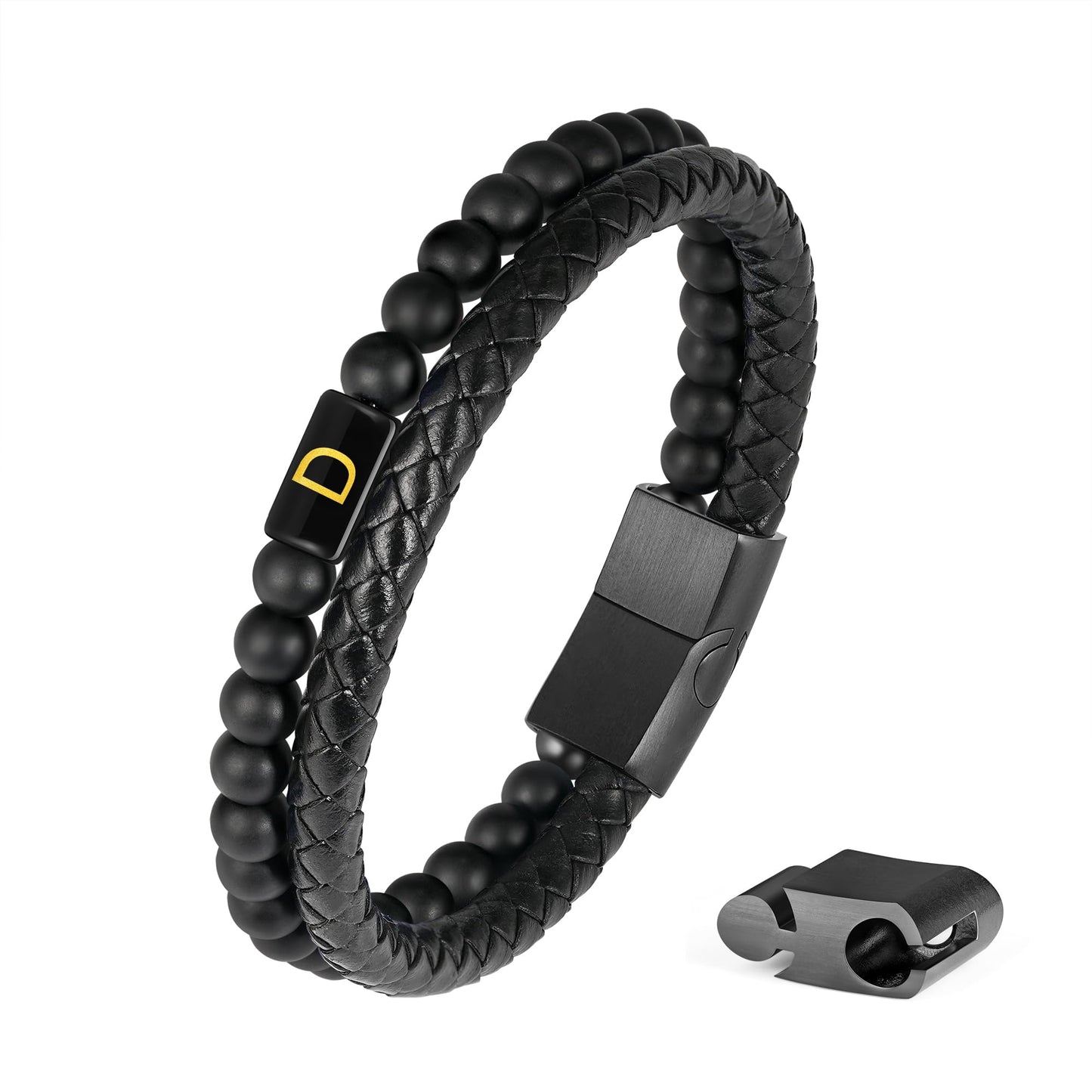 Bracelets for Men - Men Gifts Matte Agate Bead Magnetic Clasp Black Mens Leather Bracelet with Initial Black Mens Leather Bracelets Initial D Bracelet for Men's Jewelry Men's Gifts for Dad Husband Him