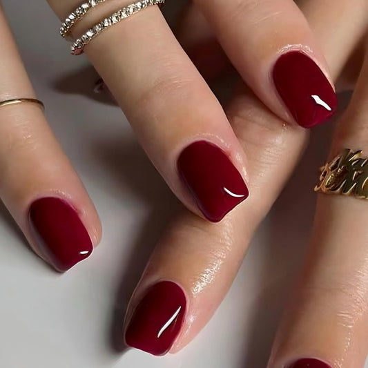 Taoyisent Burgundy Wine Red Short Press On Nails, Glossy Deep Red Fake Nails, Natural Square Shape Nail Tips, Reusable Press On False Nails for Women, Salon Quality Elegant Classic Style, 24PCS