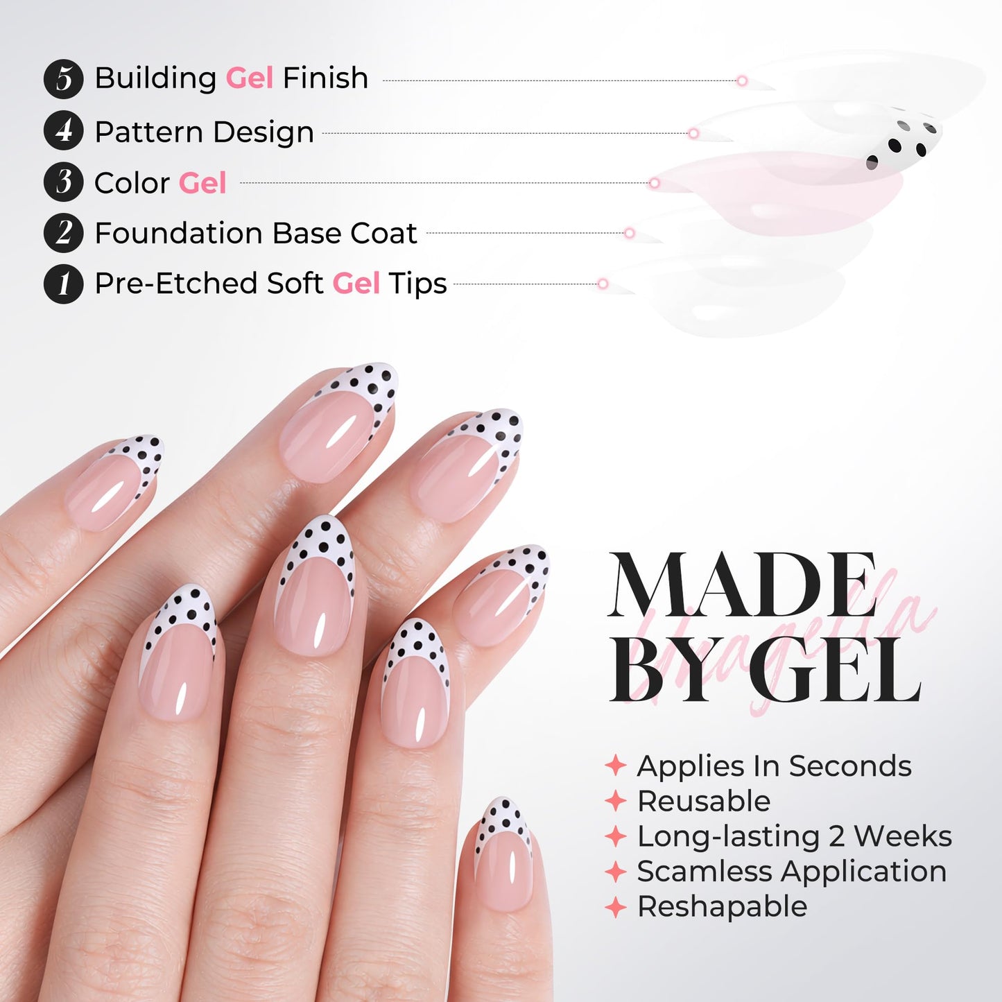 UNA GELLA 32Pcs Soft Gel Press on Nails - 16 Sizes Polka Dot French Tip Almond Glue on Nails, Reusable Nude False Nails with Black Dots, Full Cover Acrylic Nail Kit for Women DIY Home Manicure