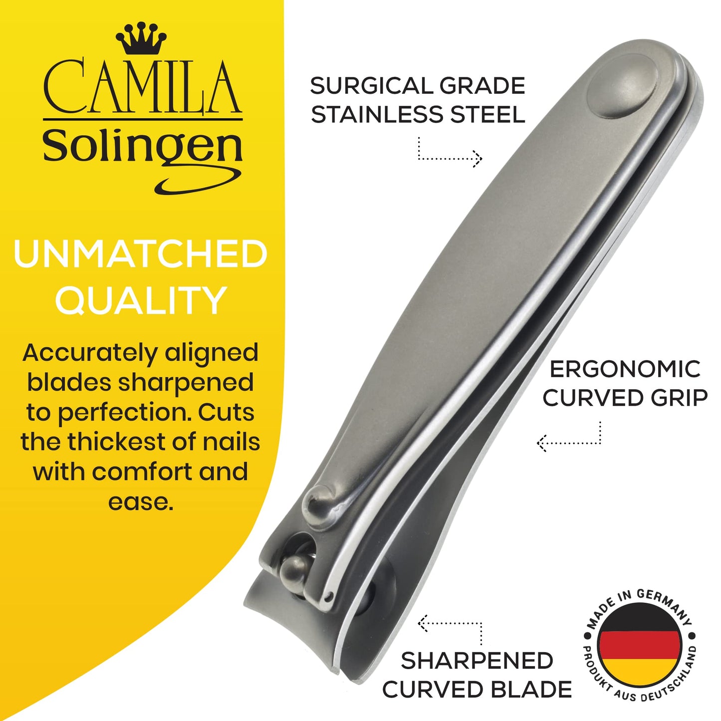 Camila Solingen Set of Fingernail Clipper and Toenail Clipper for Manicure and Pedicure - Professional Nail Clippers with Precision Super Sharp Blades - German Stainless Steel Cuticle Trimmer Kit