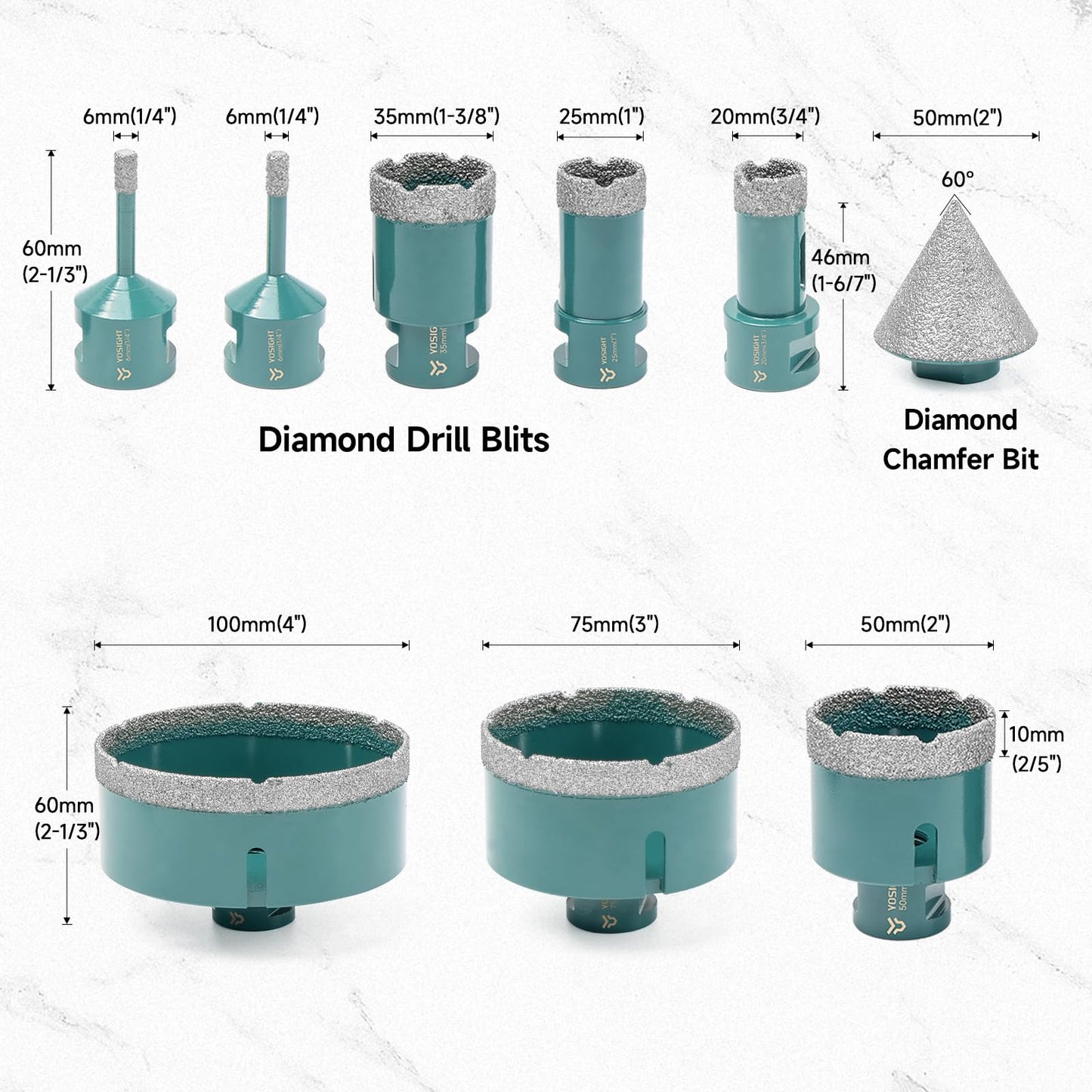 9Pcs Diamond Core Drill Bits Set - 8Pcs 6/6/20/25/35/50/75/100mm Drill Bits & 1Pc 50mm Chamfer Bit, Deep Green Hole Saw Set with Storage Box - for Tile Granite Marble