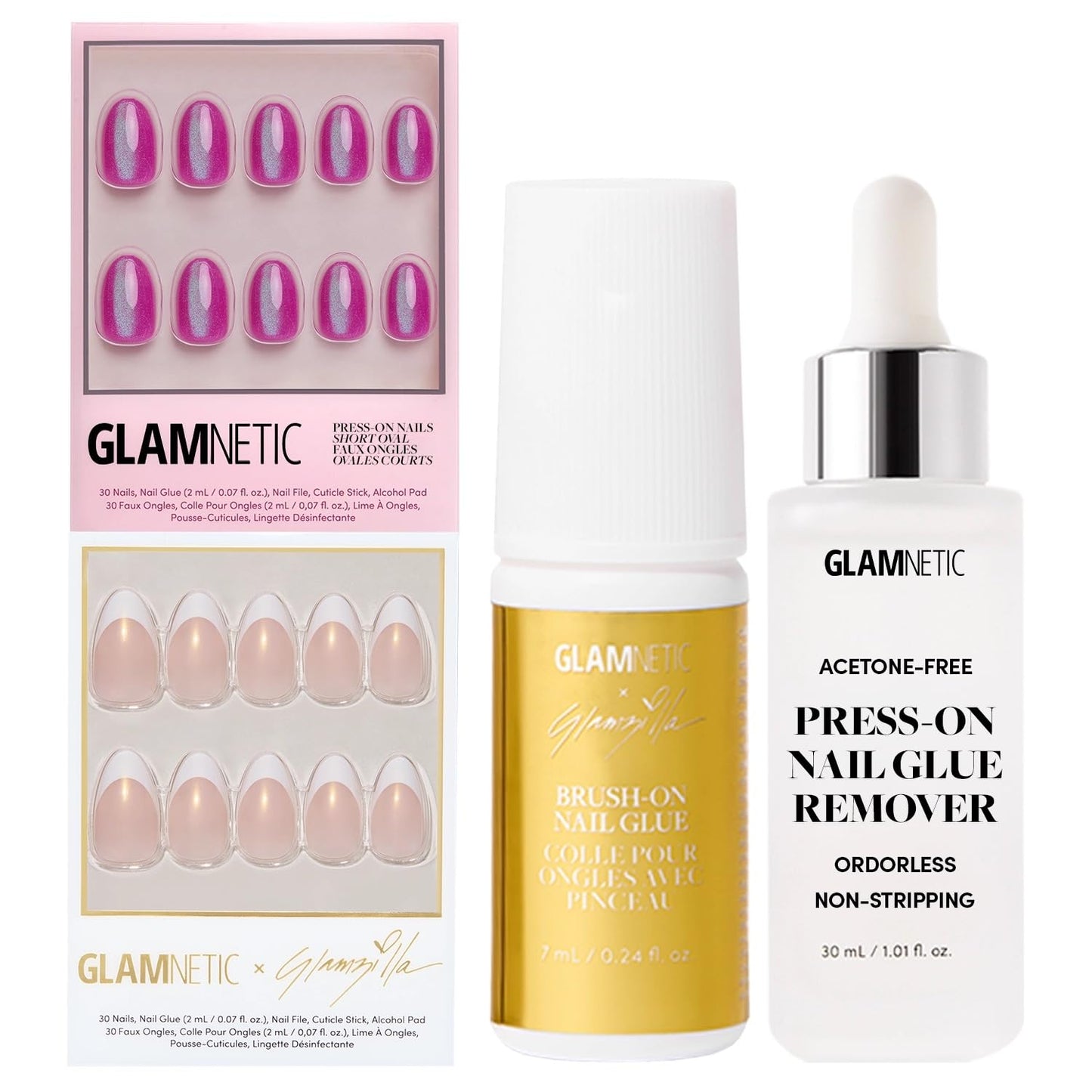 Glamnetic x GLAMZILLA Press-On Nails Bundle - GIVE 'EM GRACE & Berry Fizz | Short Almond Fake French Tip Nails with Gold Glaze | Short Oval Magenta Nails with a Metallic Finish | Nail Kit with Glue an