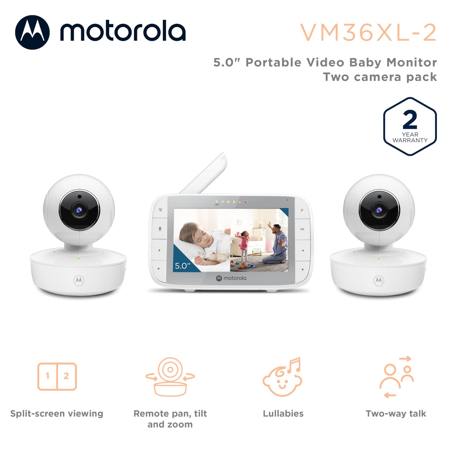 Motorola Nursery VM36XL 2-Camera Video Baby Monitor, 1000ft Range no WiFi 2.4 GHz Wireless, 5" Screen, 2-Way Audio, Pan/Tilt/Zoom, Sensor, Lullabies, Night Vision