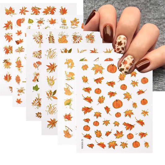 Fall Nail Stickers 3D Self Adhesive Maple Nail Art Stickers Pumpkin Nail Decals with Maple Leaf Fox Design Autumn Thanksgiving Day Nail Supplies for Women Girls Holiday Manicure DIY 6 Sheets
