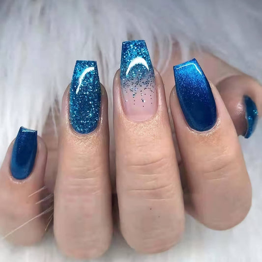 MISUD Press on Nails - Medium Coffin Glue on Nails with Blue Ombre, Acrylic Bling Glitter Design 24 pcs