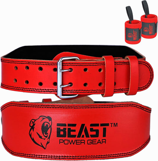Weight Lifting Belt - 4” Genuine Leather Belts Padded Lower Back Support for Gym Bodybuilding Squat Deadlift Weightlifting Cross Strength Training Men Women Free Wrist Wrap