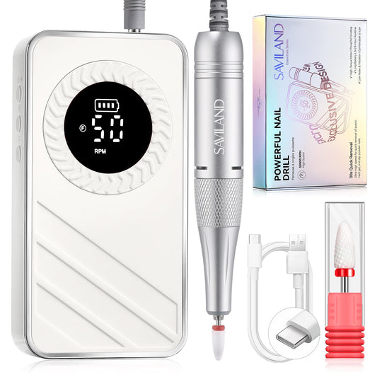 Saviland 30s Fast Removal Electric Nail Drills 50000 RPM: 2026 Professional Cordless Nail File for Acrylic Nails Gel Polish Dip Powder Manicure Pedicure 1200mAh LCD Display White
