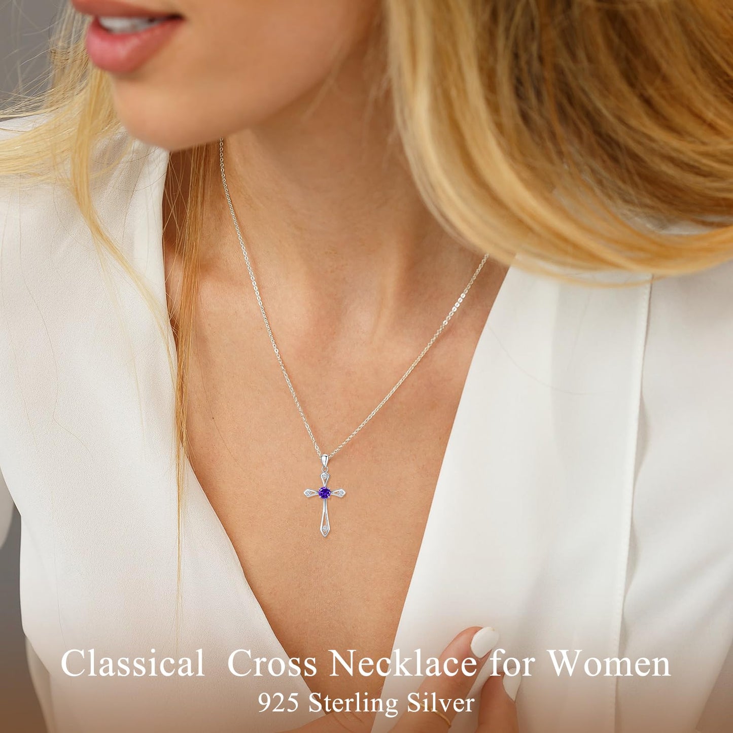 QUALISE Cross Necklace for Women,925 Sterling Silver February Birthstone Necklace Cross Pendant 5A CZ 12 Birth Months Birthstone Amethyst Jewelry Birthday Gifts for Her Wife Mom